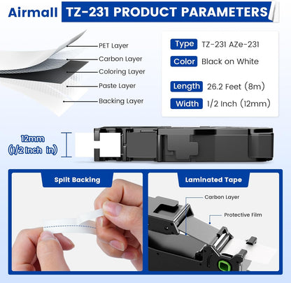 Airmall Tze 12mm 0.47 Laminated White Label Maker Tape Refill Compatible with Brother Ptouch Tape 12mm 0.47 White TZe-231 TZe231 for PT-D220 1180 1280 1290 1750 1830, 8 Pack
