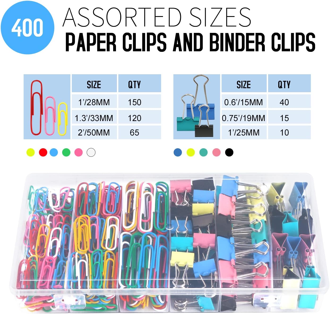 Paper Clips Binder Clips, 400 Pcs Colored Office Clips Set, Assorted Sizes Colored Paper Clips and Binder Clips Set Great for Document Organizing