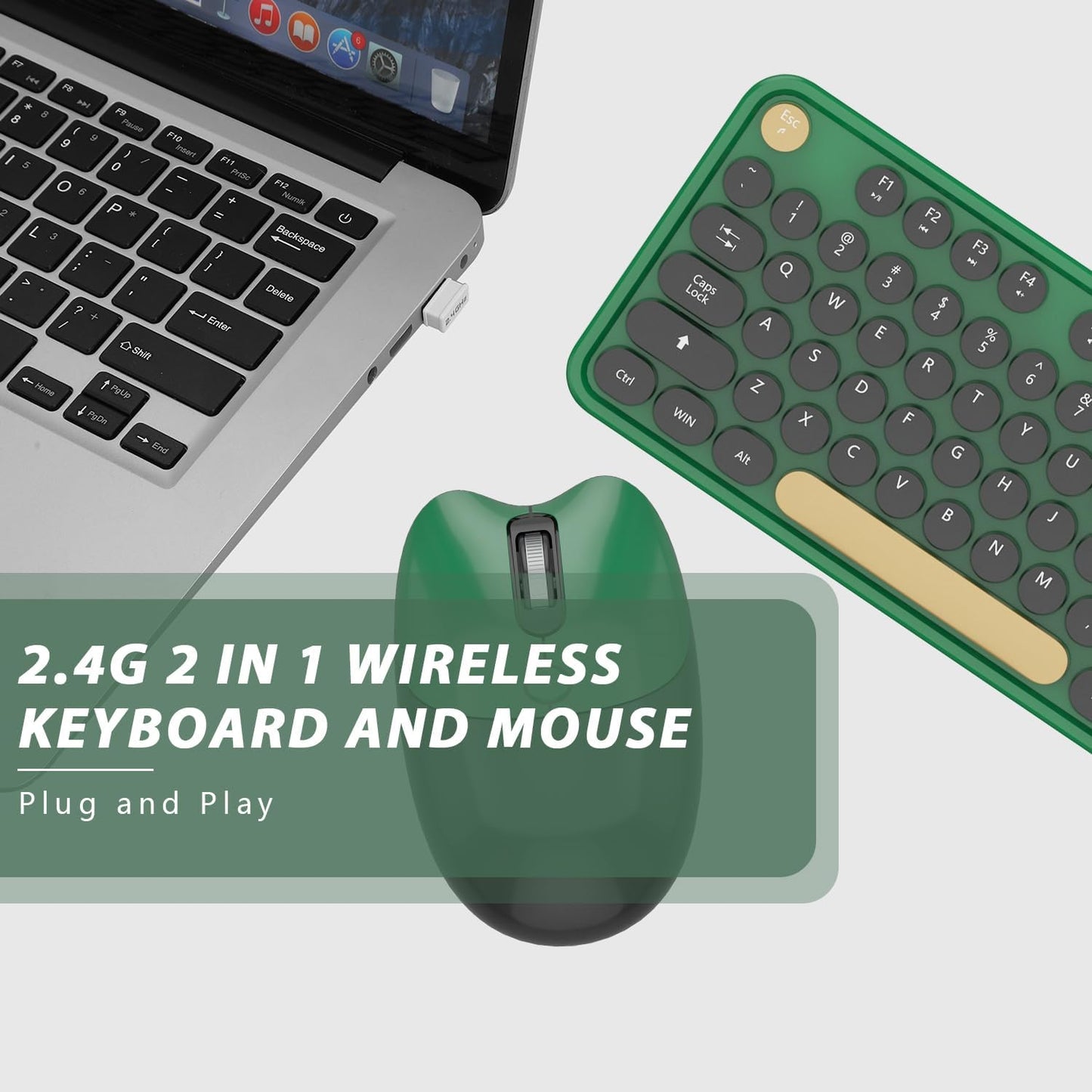 Wireless Keyboard,KOOTOP Cute Colorful 104 Keys Typewriter Retro Round Keycaps Keyboard for PC Laptop,Desktop,Windows, Home and Office Keyboards (Black Green)