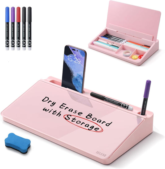 SELEAD Desktop Glass Whiteboard with Storage, Small Dry Erase White Board Computer Pad Keyboard Stand for Home, School, Office Desk Accessories - Pink