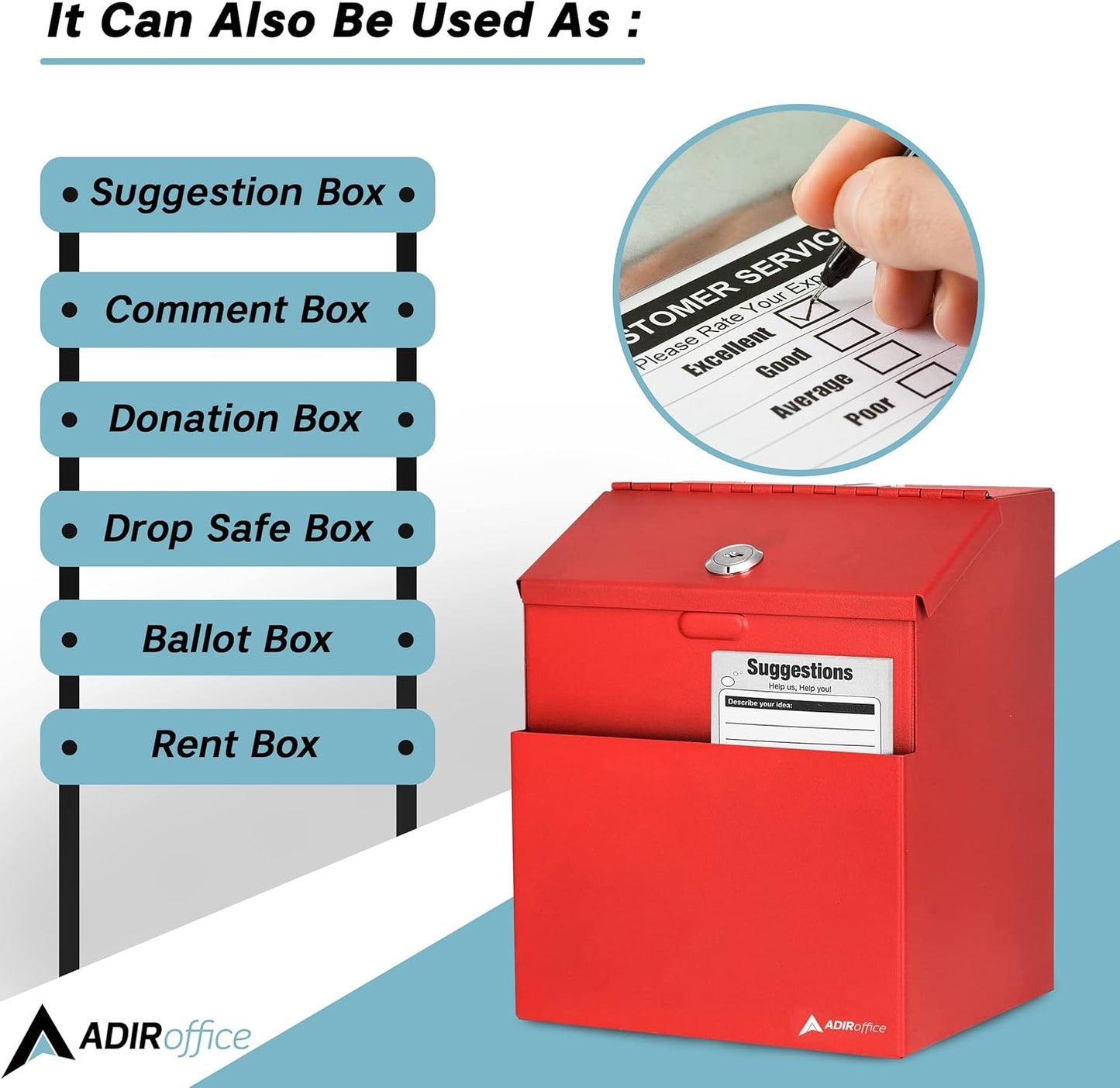Adir Suggestion Box with Slot and Lock with 25 Comment Cards and Label Stickers, Wall Mounted Metal Donation Box for Fundraising, Tip Cash Drop Box for Money, Ballot Box Red