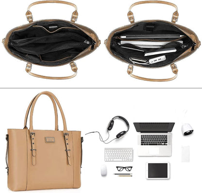 MOSISO PU Leather Laptop Tote Bag for Women, Waterproof Large Capacity Business Work Briefcase Shoulder Laptop Bag