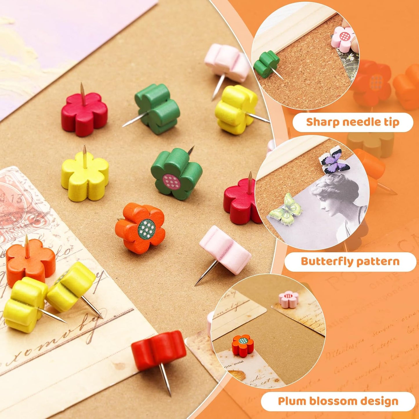 80 Pcs Push Pins for Cork Board, Decorative Thumb Tacks Wooden Push Pins Head Pin Wood Map Tacks Pin, Wood Thumb Tacks for Bulletin Boards Craft Projects with Storage Box-Flower and Butterfly