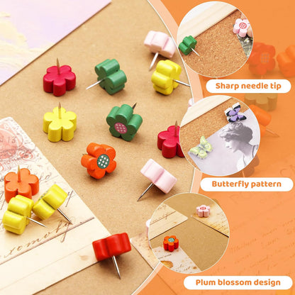 80 Pcs Push Pins for Cork Board, Decorative Thumb Tacks Wooden Push Pins Head Pin Wood Map Tacks Pin, Wood Thumb Tacks for Bulletin Boards Craft Projects with Storage Box-Flower and Butterfly