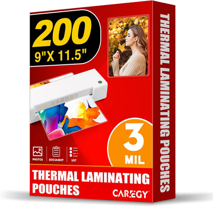CAREGY Thermal Laminating Pouches, Holds 8.5 x 11 Inch Sheets,200 Pack Laminating Sheets, 3 Mil, 9 x 11.5 Inches Lamination Sheet Paper for Laminator, Clear, Letter Size, Office and School Supplies