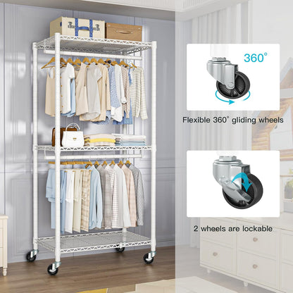 P1 Medium Heavy-Duty Portable Closet, 30" W x 14" D x 76" H, Metal Rolling Clothing Rack, White