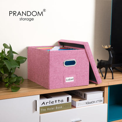 PRANDOM File Organizer Box - Set of 2 Collapsible Decorative Linen Filing Storage Hanging File Folders with Lids Office Cabinet Letter/Legal Size Pink (17x14x11.2 inch)