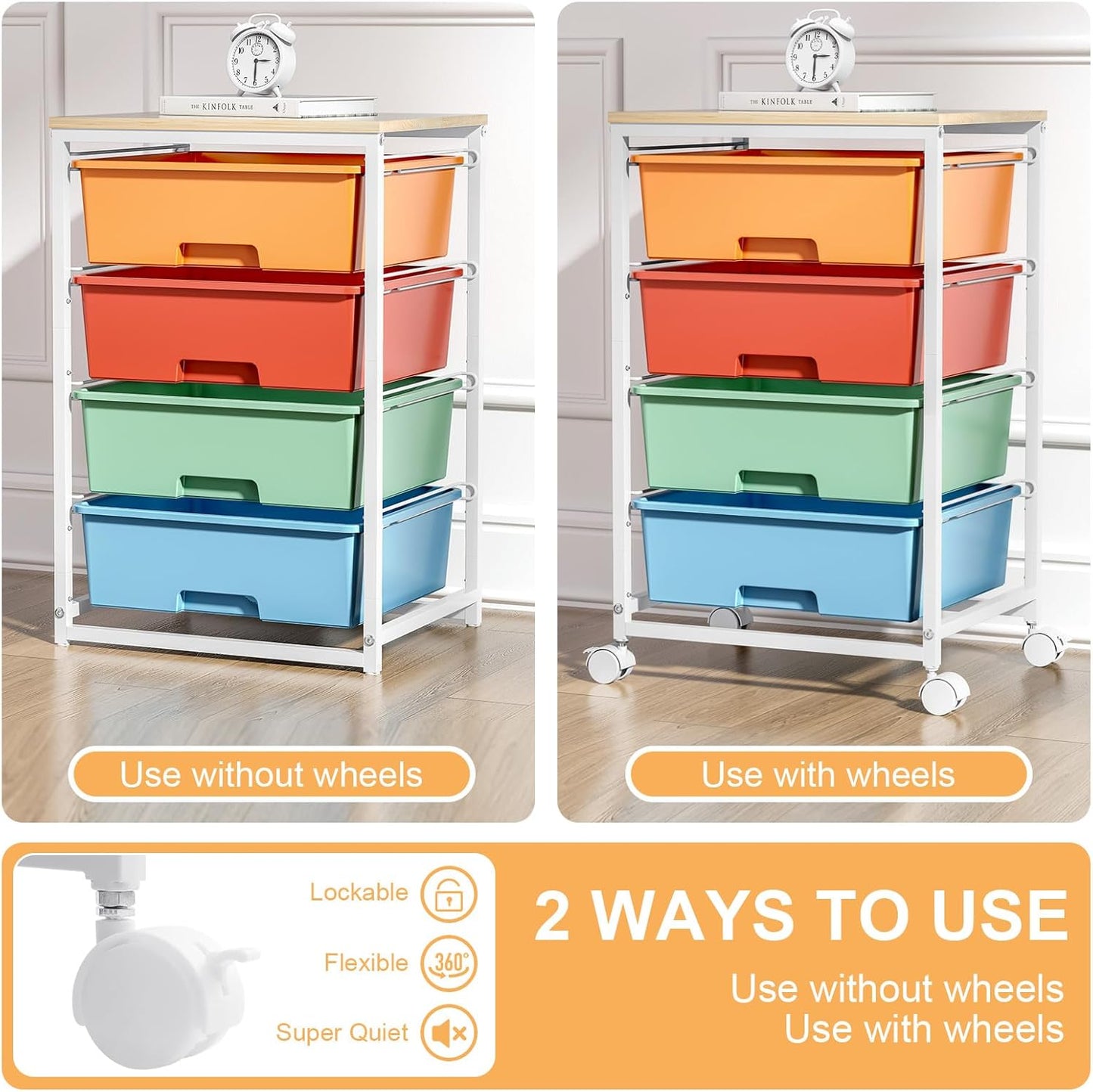 Utility-Rolling-Storage-Drawer-Craft-Cart-Organizer with 4 Drawers and Wooden Tabletop & Lockable Wheels for Home Office, Bedroom, Kids Room, Classroom, 4 Tiers Under Desk Drawer Cart, Macaron