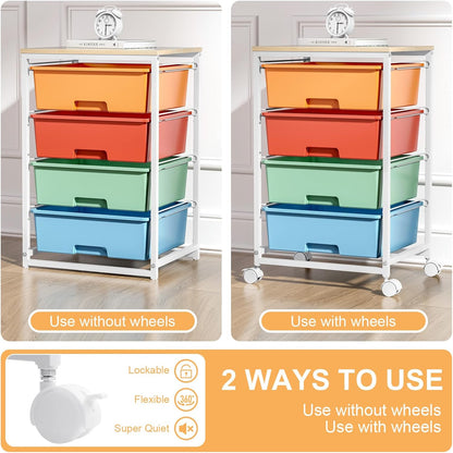 Utility-Rolling-Storage-Drawer-Craft-Cart-Organizer with 4 Drawers and Wooden Tabletop & Lockable Wheels for Home Office, Bedroom, Kids Room, Classroom, 4 Tiers Under Desk Drawer Cart, Macaron