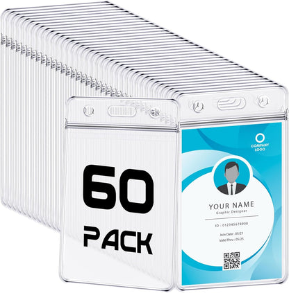 BESARME 60 Pack Vertical ID Card Badge Holder Clear Plastic Sealable Waterproof Zip Name Tag for Work Office Nurse School