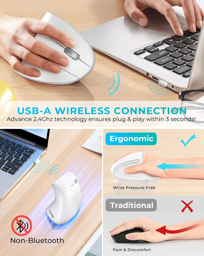 Lekvey Ergonomic Mouse, Vertical Wireless Mouse, Rechargeable 2.4G Optical Carpal Tunnel Mice with USB Receiver: 1000/1200 / 1600 DPI, 6 Buttons, for Laptop, Computer, PC, Desktop, Notebook, White