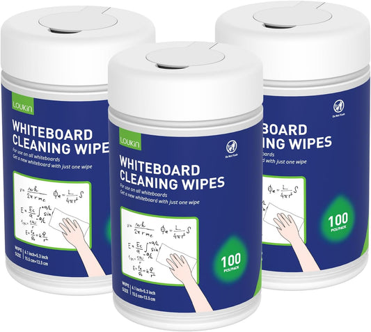 Loukin Whiteboard Cleaning Wipes, Dry Erase Board Cleaning Wipes, Non-toxic Whiteboard Wipes, 100 Wipes per Canister, 3 Pack