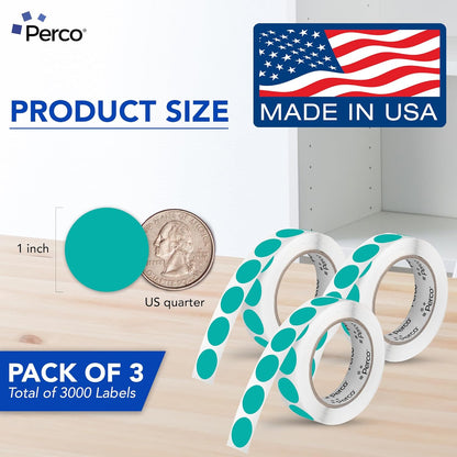 Perco Teal 1-Inch Round Circle Dot Sticker Labels - Multi-Roll Pack (3 Rolls, 1,000 Labels Each) - Permanent Adhesive, Vibrant Colors, Strong Hold - Perforated for Easy Use - Made in USA