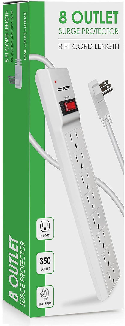 Digital Energy 8 Outlet Surge Protector Power Strip - 15 AMP, 1875 W, 125 V, 350 J Surge Protection, ETL Listed - Flat Plug, White, 8 FT