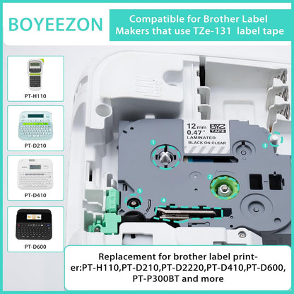BOYEEZON TZe/TZ Tape 12mm 0.47 Laminated Clear Replacement for Brother Ptouch TZe-131 Laminated Black on Clear Label Tape for Brother Label Maker PT-D210, PT-D220, PT-H110, PT-D400, 5-Pack