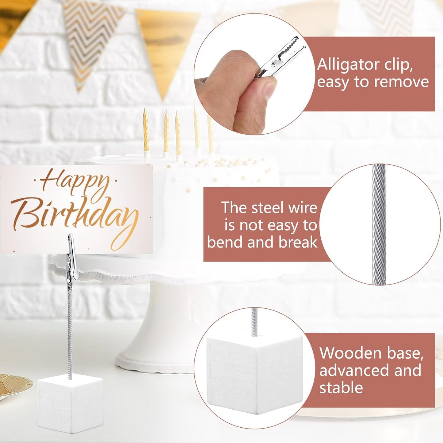 24 Pcs Wooden Memo Clips Holder Lightweight Wood Cube Base with Alligator Clip Clasp Mini Photo Holder Clip Menu Holder for Displaying Number Card (White)