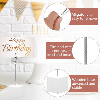 24 Pcs Wooden Memo Clips Holder Lightweight Wood Cube Base with Alligator Clip Clasp Mini Photo Holder Clip Menu Holder for Displaying Number Card (White)