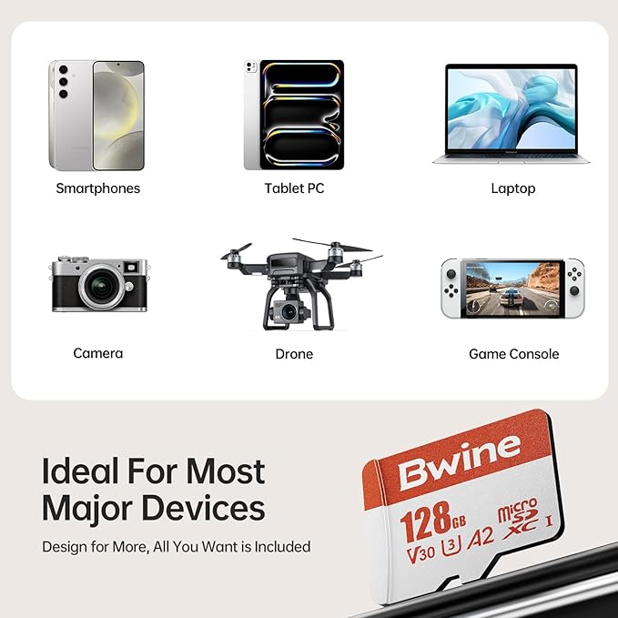 Bwine 128G Micro SD Card, Read Speed up to 100MB/s, 4K UHD Video Support, Compatible with Digital Camera, Drone, with 1 Reader & Adapter, Orange