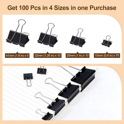 Black Binder Clips Assorted Sizes - Coideal 100 Pcs Metal Binder Paper Clips Foldback Bulldog Clip Clamps for Office School (Mini, Small, Medium, Large)