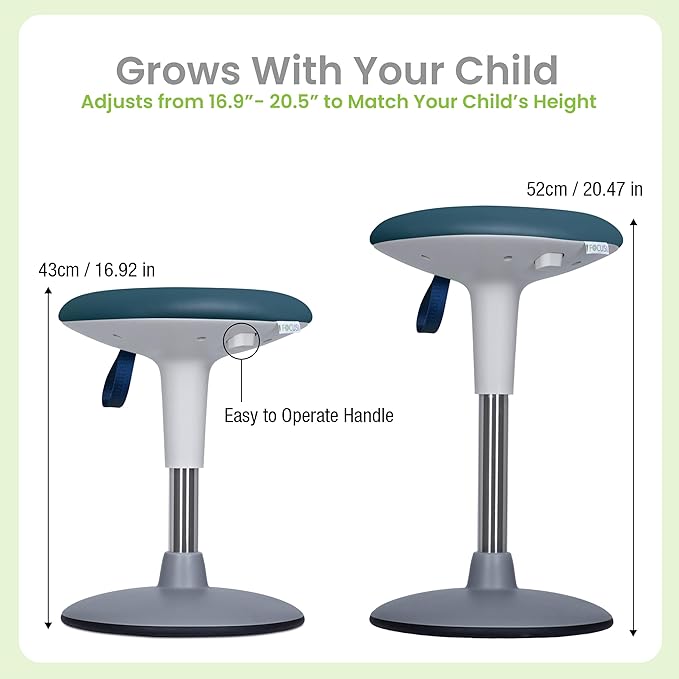 Kids Wobble Stool Ages 7–12; Adjustable Height Wobble Stool for Classroom Seating with Soft, Easy-to-Clean New Fabric Cushion; Flexible Wiggle Chair for Focus & ADHD + Bonus Visual Timer (Lake Teal)