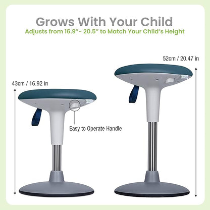Kids Wobble Stool Ages 7–12; Adjustable Height Wobble Stool for Classroom Seating with Soft, Easy-to-Clean New Fabric Cushion; Flexible Wiggle Chair for Focus & ADHD + Bonus Visual Timer (Lake Teal)