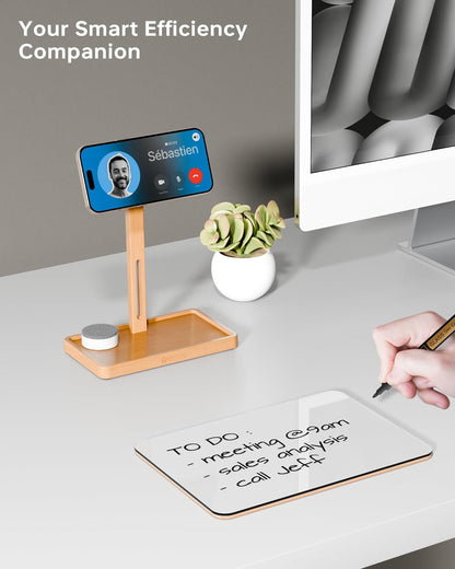 YEOUX Premium Desktop Glass Whiteboard & Magnetic Phone Stand 2-in-1 | 360° Adjustable | Solid Wood | MagSafe Compatible, Small Dry Erase Board for Office Home Desk