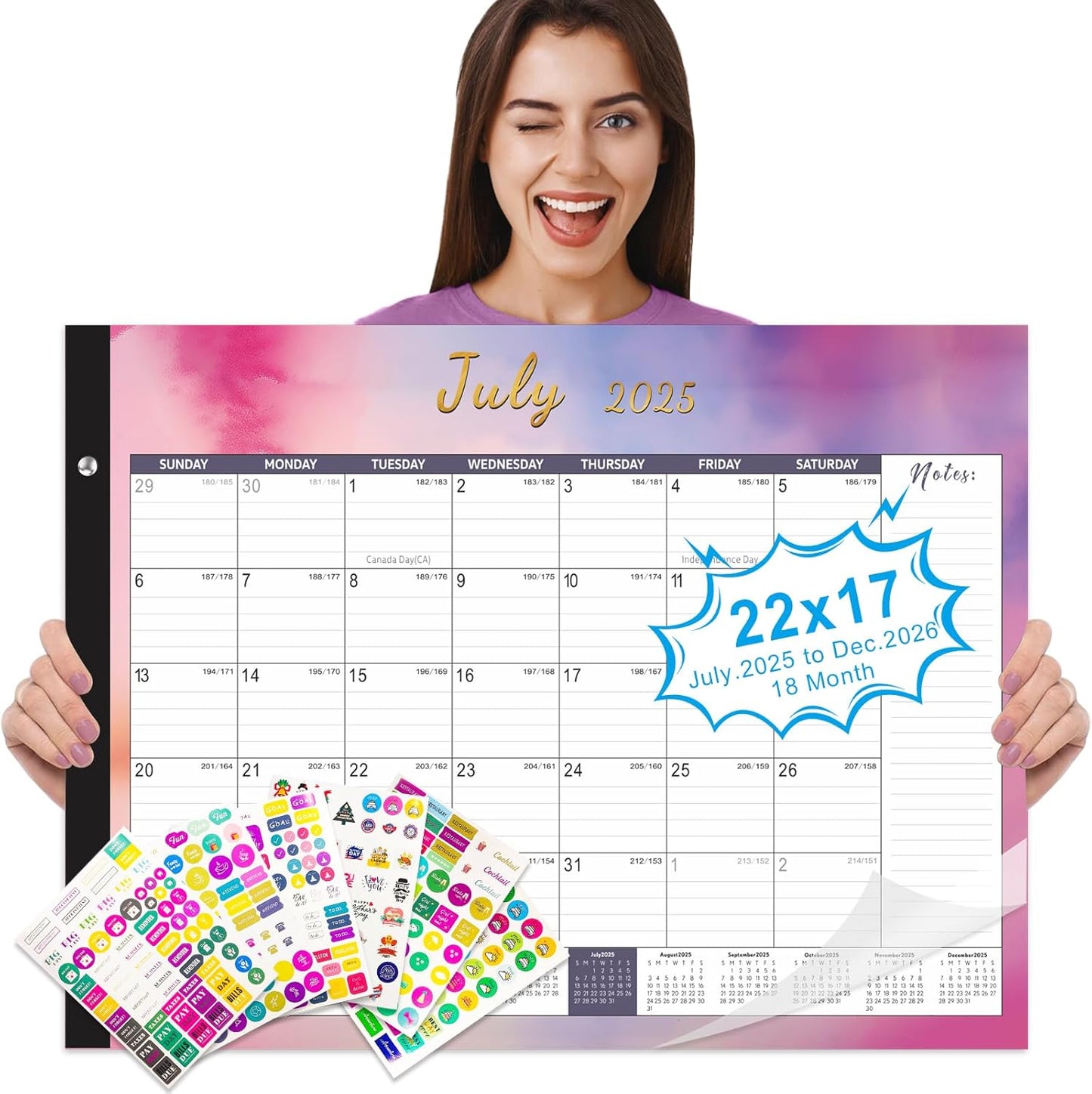 Gannyfer Desk Calendar 2025-2026, Large 22"x17" Monthly Calendar, July 2025 - Dec 2026, 18 Month Yearly Desktop Calendar with Notes, for Family, Office, and School(6 Stickers)