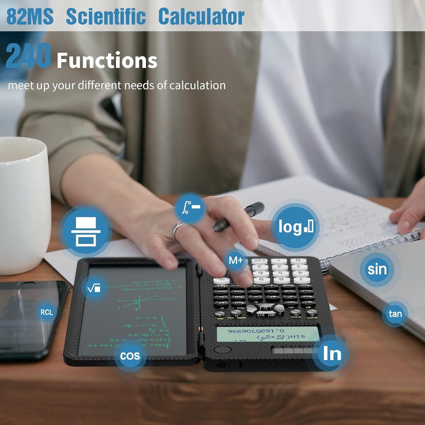 Scientific Calculator for Students with Notepad, ROATEE Middle and High School Supplies for Students, 82 MS Foldable 2-Line Display Science Calculator with Writing Tablet, Solar and Battery Powered