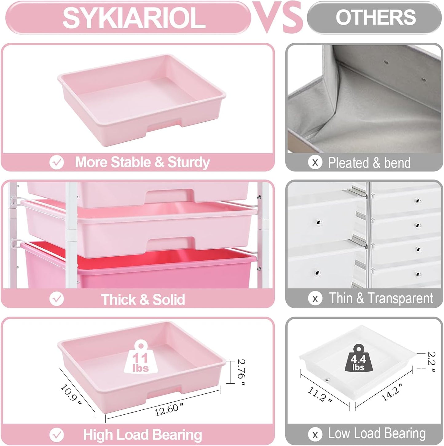 Rolling Cart with Drawers,Storage Cart with 8 Drawers and Wooden Tabletop,Utility Cart for Living Room,Classroom, Bedroom,Bathroom,Dorm,Office,Rose Pink