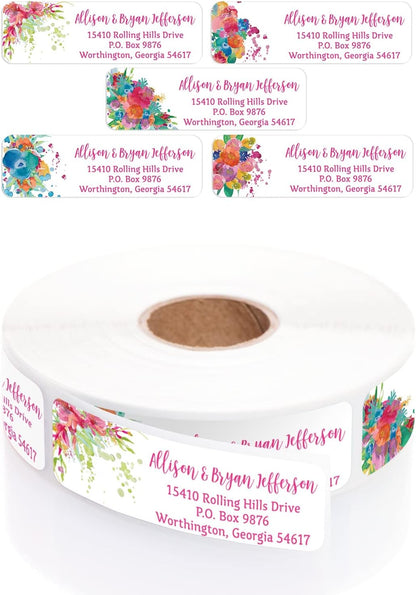 Bright Watercolor Floral Rolled Address Labels / 5 Vibrant Flower Bouquet Designs/Roll of 250 Personalized Address Labels/Designer Return Address Stickers in Elegant Plastic Dispenser