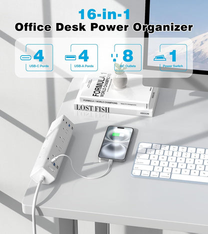 40W Fast Charging Station,Desk Clamp Power Strip,4 USB-C Ports & 8 AC Outlets,Desktop Edge Mount Surge Protector Power Strip,14AWG Heavy Duty Cord,Fit 1.9" Tabletop Edge for Home Office(6Ft Cable)