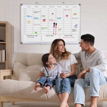 White Board Dry Erase Calendar for Wall, Magnetic Weekly Schedule-Board with Hourly Time Slots for Home, Office,Work, School, Hanging Double-Sided Whiteboard with Marker Tray, 36" × 24"