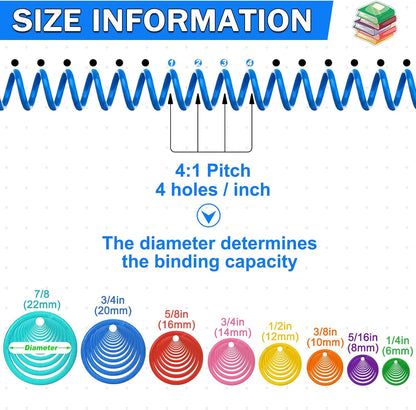 120 Pack Plastic Spiral Binding Coils Binder Binding Spirals Rings 8 Size Spiral Binding Wire Combs Spines Coils, 4:1 Pitch, 1/4 5/16 3/8 1/2 9/16 5/8 3/4 7/8 Inch (Multicolor)