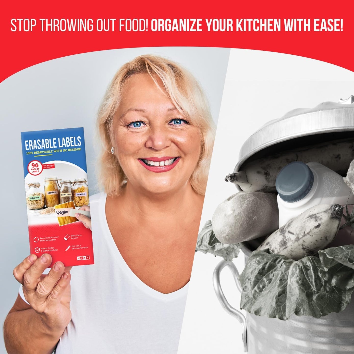 MESS Reusable Food Container Labels – Erasable, Removable Dry Erase Labels for Kitchen, Freezer, and Fridge Organization (1x3 & 1.5", Pastel)