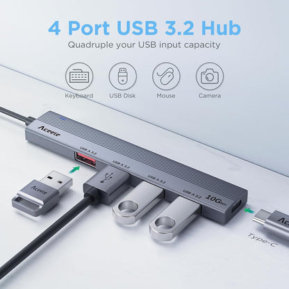 Aceele 10Gbps USB 3.2 Hub with 4 USB A 3.2 Ports, USB 3.2 Gen 2 Splitter with 4ft Extented Long Data Cable and Type-C Power Port, for Chromebook,Surface Pro 3,iMac,PS4 Flash Drive Data and More