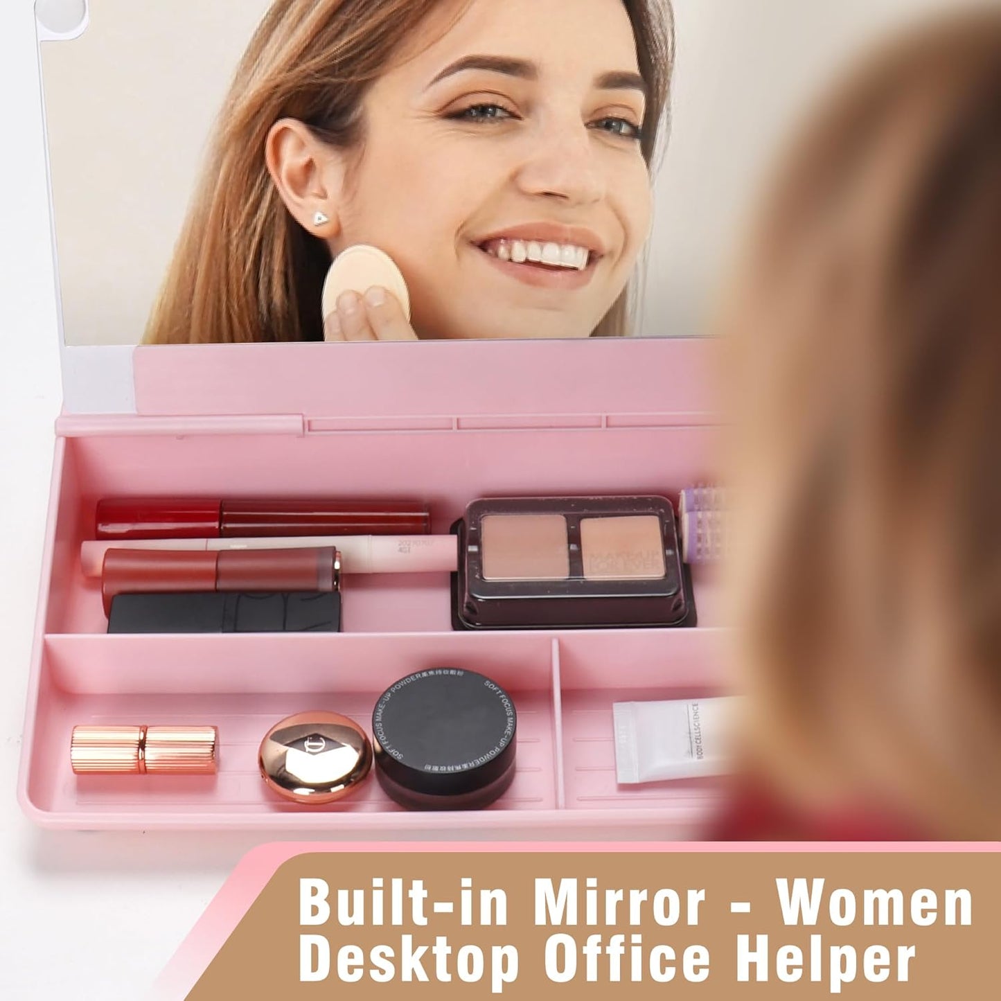 SELEAD Desktop Glass Whiteboard with Organizer & Built-in Mirror - Small Dry Erase White Board Computer Pad Keyboard Stand with Markers, Eraser, Holder for Women Girls - Pink