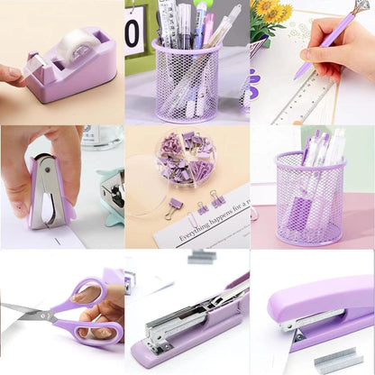 Purple Desk Accessories, Pink Office Supplies Set with Stapler, Tape Dispenser, Staple Remover, Pen Holder, Scissor, Binder/Paper Clips, Ballpoint Pen, Clear Tape and 1000pcs Staples