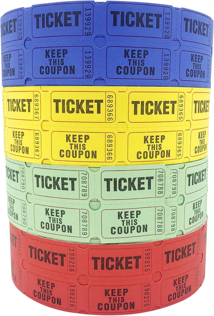 Yuanhe Raffle Tickets Double Roll - 8000 Total 50/50 Raffle Tickets for Events, Entry, Class Reward, Fundraiser, Carnivals, Door Prizes, Color Red Yellow Blue and Green