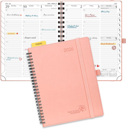 POPRUN 2026 Planner (Medium - 6.5'' x 8.5'') with Hourly Schedule, Vertical Layout - 2026 Weekly Calendar (Jan. 2026 - Dec.2026) for Time Management, Monthly Tabs, Spiral Bound, Soft Cover - Pink
