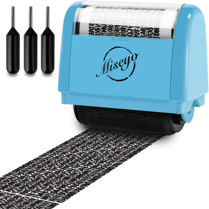 Miseyo Wide Identity Theft Protection Roller Stamp Set - Blue (3 Refill Ink Included)