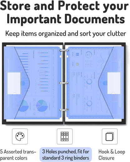 Forvencer Binder Pocket, 5 Pack Super Heavyweight Poly Binder Pocket with Tight Closure, Binder Folders Side Loading, 3 Ring, Binder Dividers with Pockets, Letter Size, Assorted Colors