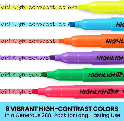 Taja 288 Pack Highlighters Bulk Assorted Bright Colors, 6 Colors Chisel Tip Highlighters Markers Set with No Bleed Ink, Perfect for School & Office Supplies