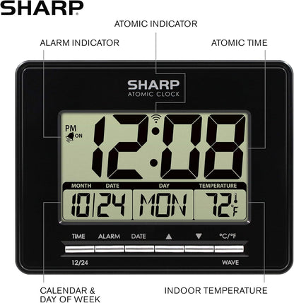 Sharp Atomic Desktop Clock – Auto Set Digital Alarm Clock - Atomic Accuracy - Easy to Read Screen with Time/Date/Temperature Display- Perfect for Nightstand or Desk