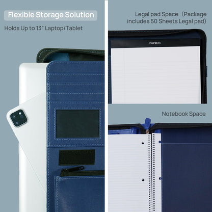 POPRUN Portfolio Binder with Zipper, Leather Padfolio Document Organizer with Storage, Professional Business Briefcase Ideal for Meeting Presentation Work-Includes 50 Sheet Writing Pad, Blue