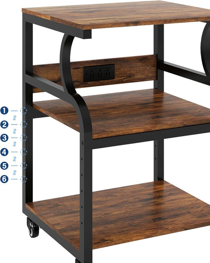 Natwind Large 3-Tier Rolling Printer Cart with Adjustable Shelf, 24”x20” Mobile Stand for Heat Press, 3D Printer, Home Office Multifunctional Shelves with Locking Wheels (Retro)