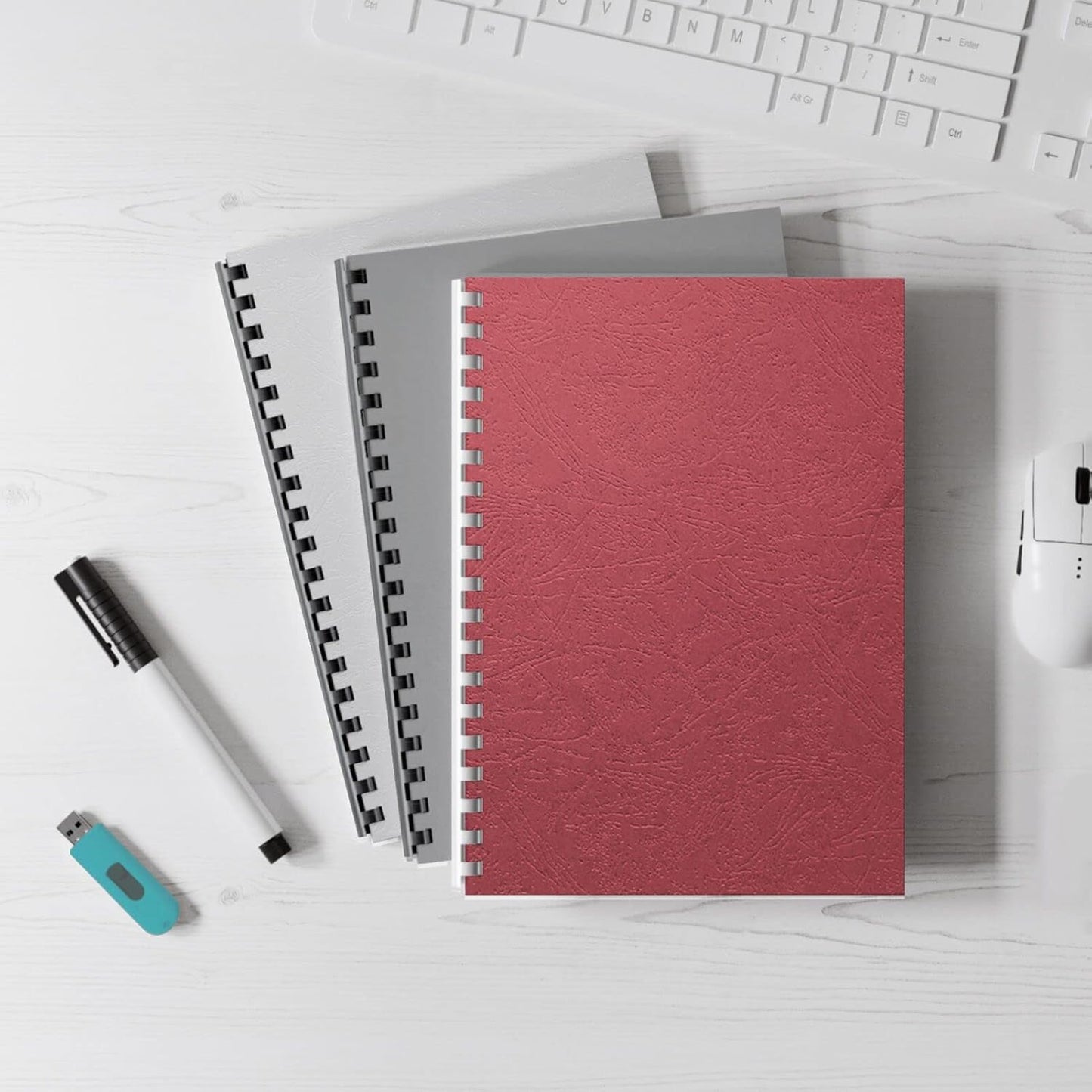 Binditek 100 Pack Grain Texture Paper Binding Presentation Covers, 8.5 x 11 Inches, 13Mil, 90lb, Un-Punched, Letter Size, Red, Office Supplies