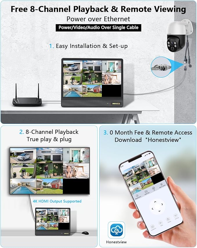 4K & PTZ Digital Zoom 2-Way Audio PoE Outdoor Camera Home Security Camera System Wired Outdoor Video Surveillance IP Camera System DVR Kit,10’’ UHD Monitor