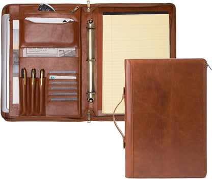 Genuine Leather 3 Ring Binder Portfolio, 8.5 x 14 Legal Size Pad Holder, Hidden Handle, Zippered Padfolio with 15” Laptop Organizer, Professional Business Folio for Men Women, Brown, Oil Tanned