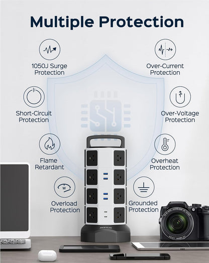 Power Strip Tower Surge Protector - JACKYLED 16 AC Outlets(13A) 6 USB Ports Electric Charging Station, 1050J Surge Electric Tower, 1625W Outlet Extender, 6.5ft Heavy Duty Extension Cord for Home