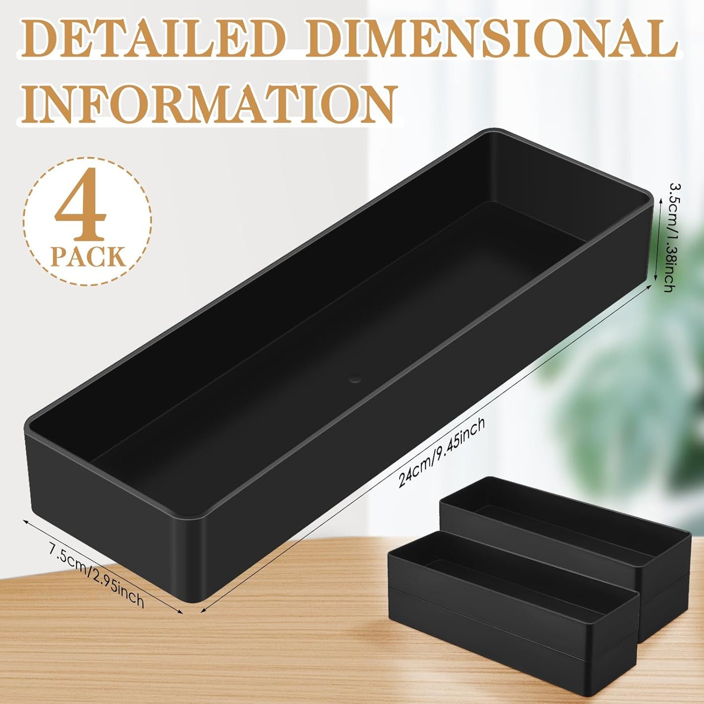 Teling 4 Pcs 4 Piece Large Black Rectangular Desk Organizer Set, Half Accessory Tray, Plastic Tabletop Organizer for Office, Home, or Study, Dimensions: 9.45 x 2.95 x 1.38 Inches